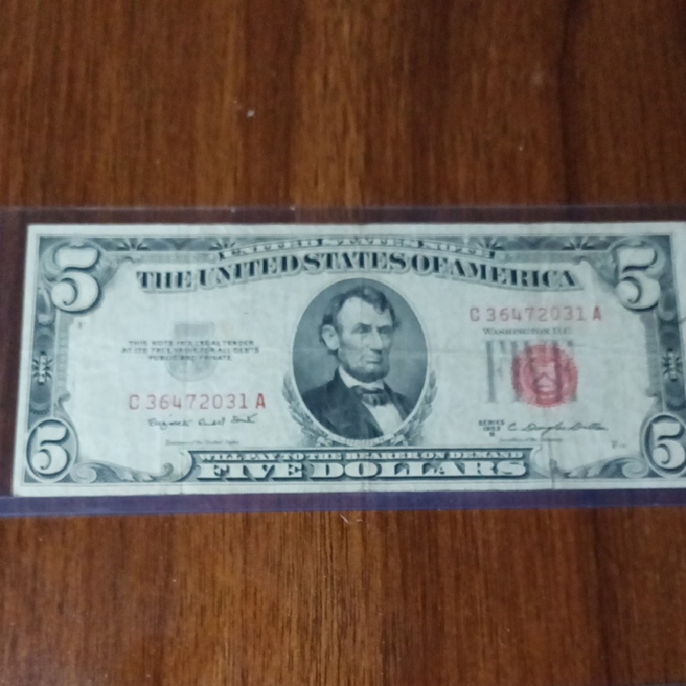 Vintage 1953 B Red seal $5 Bill (C 36472031 A